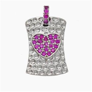 Copper Heart Pendant Pave Zirconia Rectangle Hammered Platinum Plated, approx 12.5-18mm, 5-6mm [FN47576]