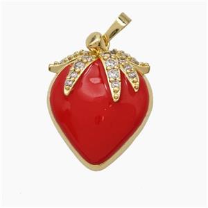 Copper Starwberry Charms Pendant Pave Zirconia Red Enamel Gold Plated, approx 20-23mm [FN47636]