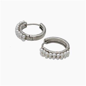 Copper Hoop Earrings Pave Pearlized Resin Platinum Plated, approx 4mm, 17mm dia [FN47691]