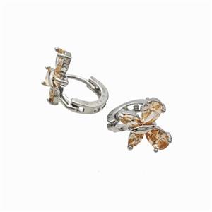 Copper Butterfly Hoop Earrings Pave Champagne Zirconia Platinum Plated, approx 10-12mm [FN47715]
