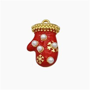 Christmas Mitten Charms Copper Pendant Pave Pearlized Resin Red Enamel Gold Plated, approx 10.5-15mm [FN47719]