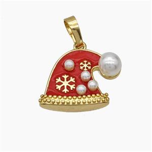 Christmas Hat Charms Copper Pendant Pave Pearlized Resin Red Enamel Gold Plated, approx 16-20mm [FN47720]