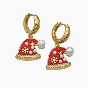 Christmas Hat Charms Copper Hoop Earrings Pave Pearlized Resin Red Enamel Gold Plated, approx 16-20mm, 15mm dia [FN47721]
