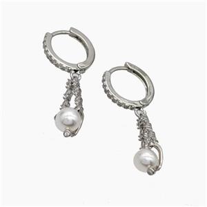 Copper Hoop Earrings Pave Pearlized Resin Zirconia Platinum Plated, approx 6-20mm, 14mm dia [FN47726]
