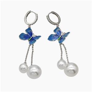 Copper Hoop Earrings Pave Pearlized Resin Blue Painted Butterfly Platinum Plated, approx 8mm, 11.5mm, 15-18mm, 14mm dia [FN47727]