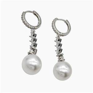 Copper Hoop Earrings Pave Pearlized Resin Zirconia Platinum Plated, approx 12mm, 13mm dia [FN47728]