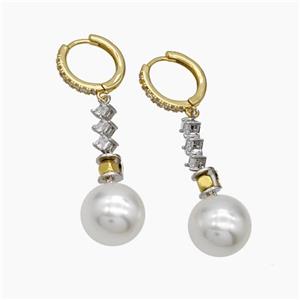 Copper Hoop Earrings Pave Pearlized Resin Zirconia Gold Plated, approx 12mm, 13mm dia [FN47729]