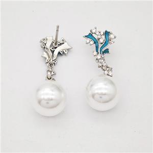 Copper Flower Stud Earrings Pave Zirconia Pearlized Resin Platinum Plated, approx 11mm, 3-7mm, 12mm [FN47731]