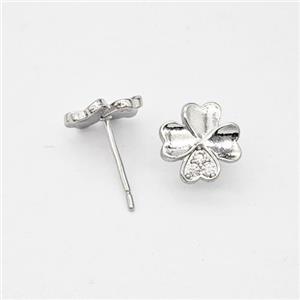 Copper Clover Stud Earrings Micropave Zirconia Platinum Plated, approx 9mm [FN47732]