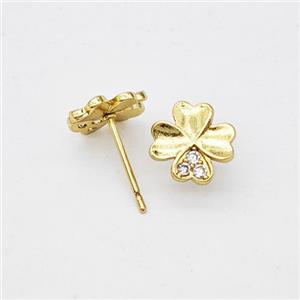 Copper Clover Stud Earrings Micropave Zirconia Gold Plated, approx 9mm [FN47733]