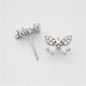 Copper Butterfly Stud Earrings Micropave Zirconia Platinum Plated, approx 8-11mm [FN47734]