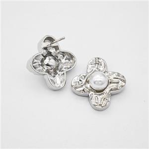 Copper Clover Stud Earrings Pave Pearlized Resin Hammered Platinum Plated, approx 23mm [FN47749]