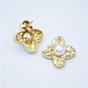 Copper Clover Stud Earrings Pave Pearlized Resin Hammered Gold Plated, approx 23mm [FN47750]