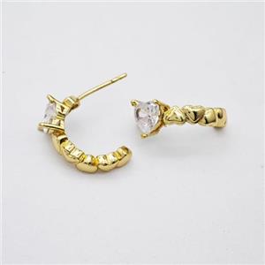 Copper Stud Earrings Pave Zirconia Heart Gold Plated, approx 7mm, 17mm dia [FN47753]
