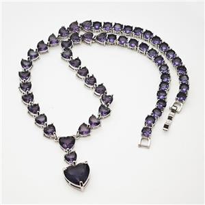 Copper Necklace Pave Purple Crystal Glass Heart Platinum Plated, approx 13mm, 7mm, 35cm length [FN47773]