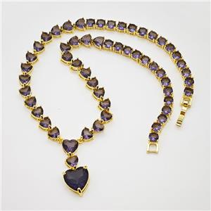 Copper Necklace Pave Purple Crystal Glass Heart Gold Plated, approx 13mm, 7mm, 35cm length [FN47775]