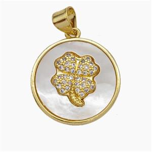 Copper Clover Pendant Pave Zirconia Shell Circle 18K Gold Plated, approx 18mm [FN47820]