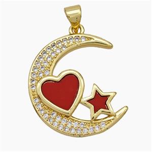 Copper Moon Star Pendant Micropave Zirconia Shell Heart 18K Gold Plated, approx 22-23mm [FN47850]