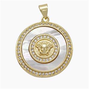 Copper Sphinx Pendant Micropave Zirconia Shell Circle 18K Gold Plated, approx 23mm [FN47855]