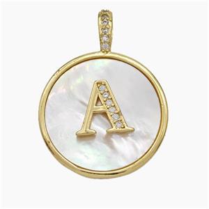 Copper Letter-A Pendant Pave Shell Zirconia Circle Gold Plated, approx 24mm [FN47872]
