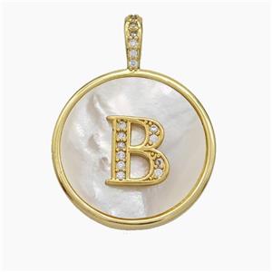 Copper Letter-B Pendant Pave Shell Zirconia Circle Gold Plated, approx 24mm [FN47873]