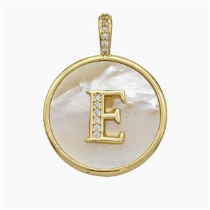 Copper Letter-E Pendant Pave Shell Zirconia Circle Gold Plated, approx 24mm [FN47876]