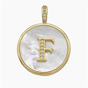 Copper Letter-F Pendant Pave Shell Zirconia Circle Gold Plated, approx 24mm [FN47877]