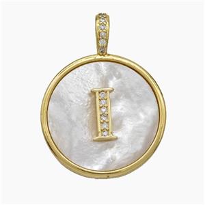 Copper Letter-I Pendant Pave Shell Zirconia Circle Gold Plated, approx 24mm [FN47880]