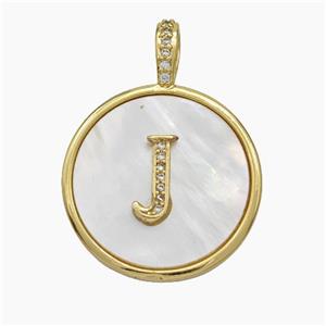 Copper Letter-J Pendant Pave Shell Zirconia Circle Gold Plated, approx 24mm [FN47881]