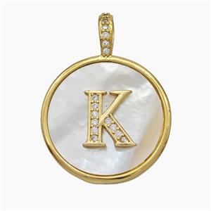 Copper Letter-K Pendant Pave Shell Zirconia Circle Gold Plated, approx 24mm [FN47882]