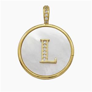Copper Letter-L Pendant Pave Shell Zirconia Circle Gold Plated, approx 24mm [FN47883]
