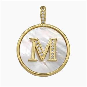 Copper Letter-M Pendant Pave Shell Zirconia Circle Gold Plated, approx 24mm [FN47884]