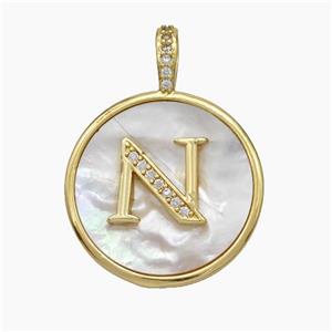 Copper Letter-N Pendant Pave Shell Zirconia Circle Gold Plated, approx 24mm [FN47885]