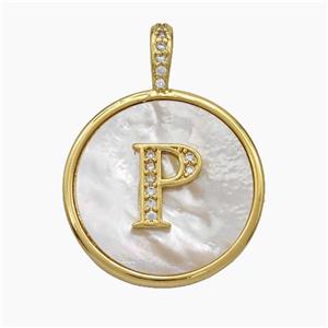 Copper Letter-P Pendant Pave Shell Zirconia Circle Gold Plated, approx 24mm [FN47887]