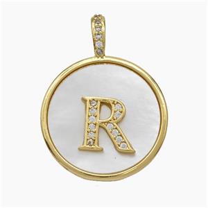 Copper Letter-R Pendant Pave Shell Zirconia Circle Gold Plated, approx 24mm [FN47889]
