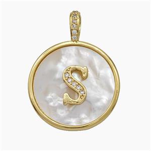 Copper Letter-S Pendant Pave Shell Zirconia Circle Gold Plated, approx 24mm [FN47890]