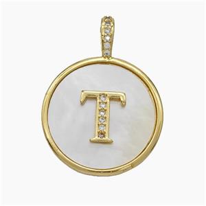 Copper Letter-T Pendant Pave Shell Zirconia Circle Gold Plated, approx 24mm [FN47891]