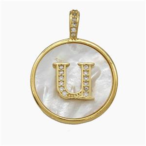Copper Letter-U Pendant Pave Shell Zirconia Circle Gold Plated, approx 24mm [FN47892]