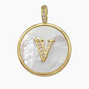 Copper Letter-V Pendant Pave Shell Zirconia Circle Gold Plated, approx 24mm [FN47893]