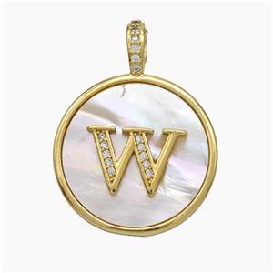 Copper Letter-W Pendant Pave Shell Zirconia Circle Gold Plated, approx 24mm [FN47894]