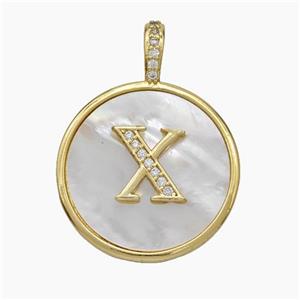 Copper Letter-X Pendant Pave Shell Zirconia Circle Gold Plated, approx 24mm [FN47895]