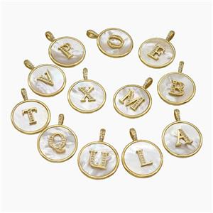 Copper Letter Pendant Pave Shell Zirconia Mix Alphabet Circle Gold Plated, approx 24mm [FN47898]
