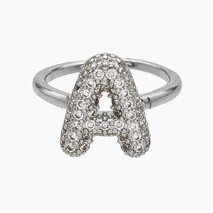 Copper Letter-A Rings Micropave Zirconia Platinum Plated, approx 9-14mm, 18mm dia [FN47977]