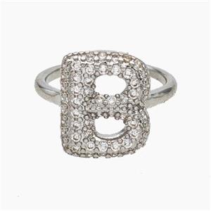 Copper Letter-B Rings Micropave Zirconia Platinum Plated, approx 9-14mm, 18mm dia [FN47978]