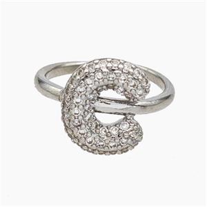 Copper Letter-C Rings Micropave Zirconia Platinum Plated, approx 9-14mm, 18mm dia [FN47979]