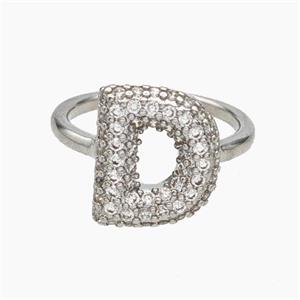 Copper Letter-D Rings Micropave Zirconia Platinum Plated, approx 9-14mm, 18mm dia [FN47980]