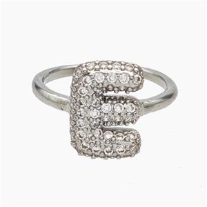 Copper Letter-E Rings Micropave Zirconia Platinum Plated, approx 9-14mm, 18mm dia [FN47981]