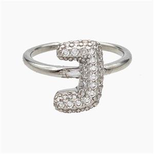 Copper Letter-J Rings Micropave Zirconia Platinum Plated, approx 9-14mm, 18mm dia [FN47986]