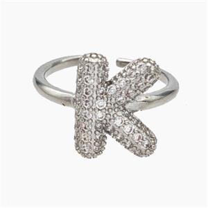 Copper Letter-K Rings Micropave Zirconia Platinum Plated, approx 9-14mm, 18mm dia [FN47987]