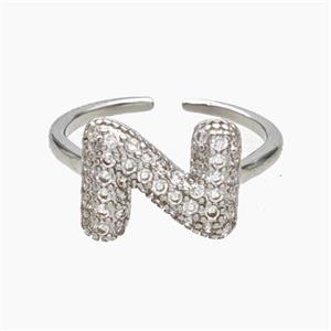 Copper Letter-N Rings Micropave Zirconia Platinum Plated, approx 9-14mm, 18mm dia [FN47990]